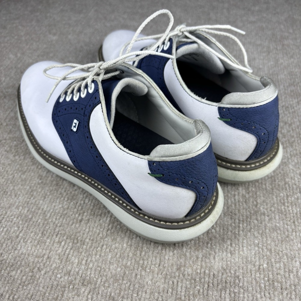 FootJoy FJ Golf Shoes Mens 8.5 M White Blue Leather Saddle Spikes Cleats - Picture 3 of 10